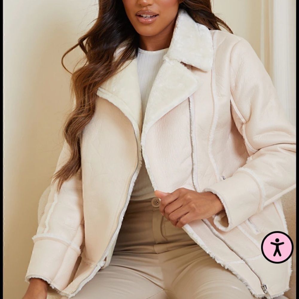 PrettyLittleThing Y2K 90s Faux Fur Shearling Aviator Moto Biker Jacket US4 NWT